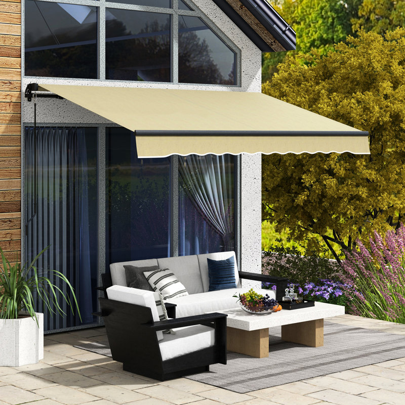 Auvent de terrasse rétractable 10 pi x 8 pi, abri de soleil pour terrasse avec tissu 280 g / m², manivelle manuelle, structure en aluminium, beige pour balcon, auvent de jardin rétractable, manivelle de parasol, terrasse,