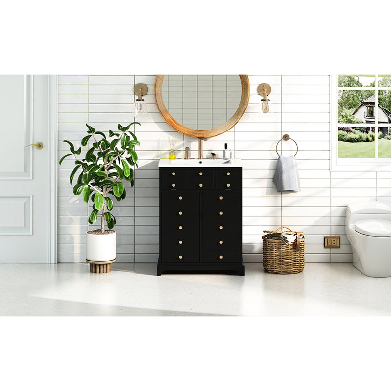 Meuble-lavabo de 24 po avec rangement pour porte d'armoire, style moderne, construction, lavabo brillant, assemblage facile pour les débutants, diverses fonctions de rangement, design contemporain, lavabo, finition lisse, finition rapide