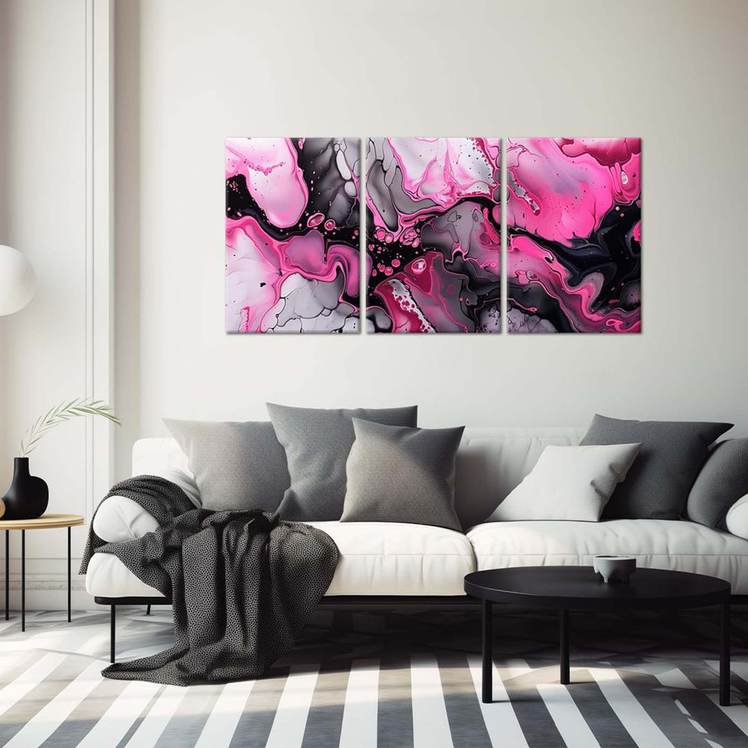 Abstract Canvas Wall Art 3 Piece Black And Pink Pictures Wall Decor Marble Texture Painting Print For Living Room Bedroom Bathroom Office Decor Frame(
