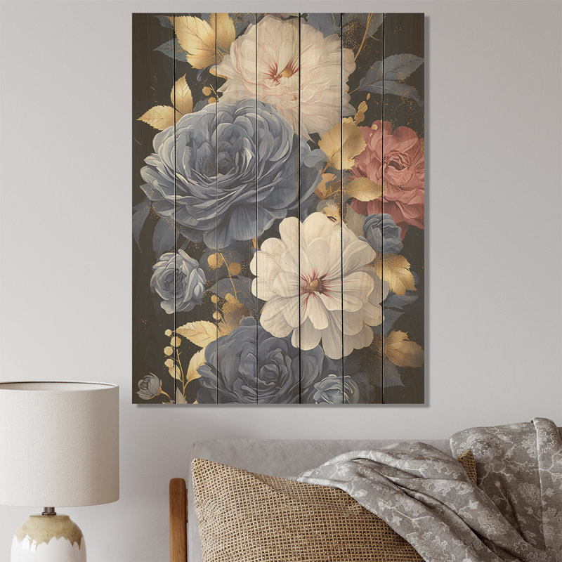 Or rose et bleu Elegance IV - Rose sur bois, H 20 po x l 10 po