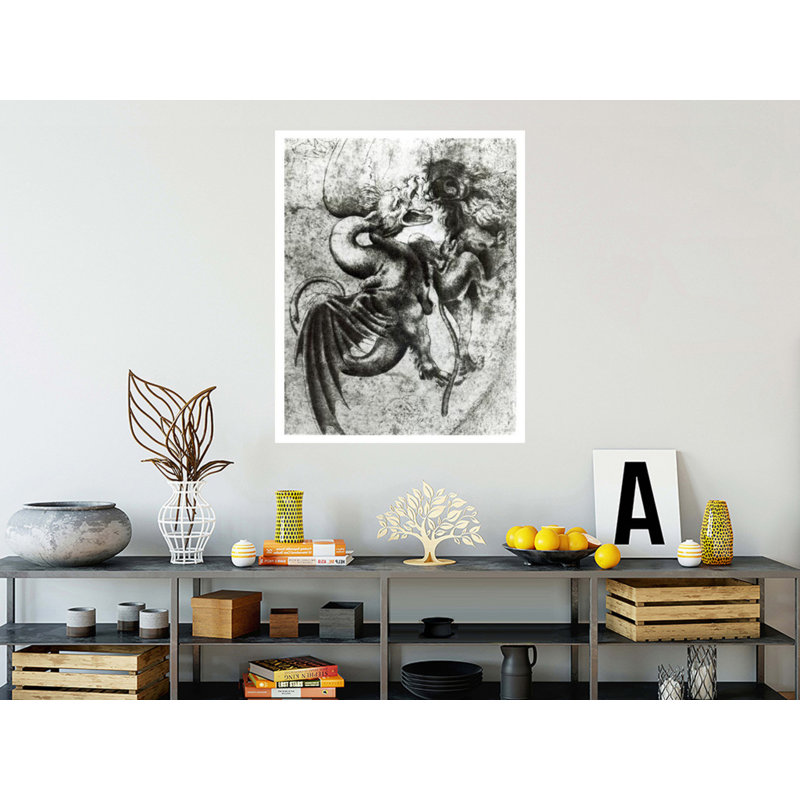 «Fight entre un dragon et un lion» par Leonardo Da Vinci - Impression Giclée, H 40 po x l 32 po