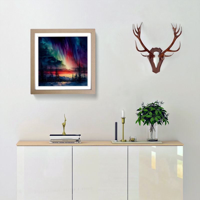 Northern Lights Watercolour - Framed Print, Oak