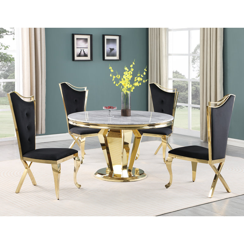 Baltz 4 - Person Pedestal Dining Set, Gold, Black/Gold
