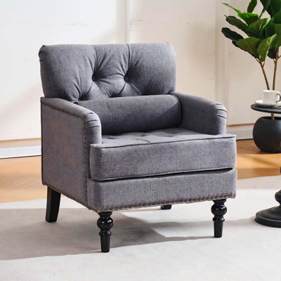 Fauteuil club gris en velours côtelé avec coussin, fauteuil Mid-Century moderne clouté pour chambre à coucher et coin lecture