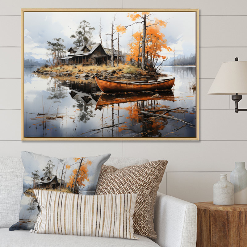 Brown Lakehouse Reflections of Solitude V - impression, 16" H x 32" W, Black Picture Framed