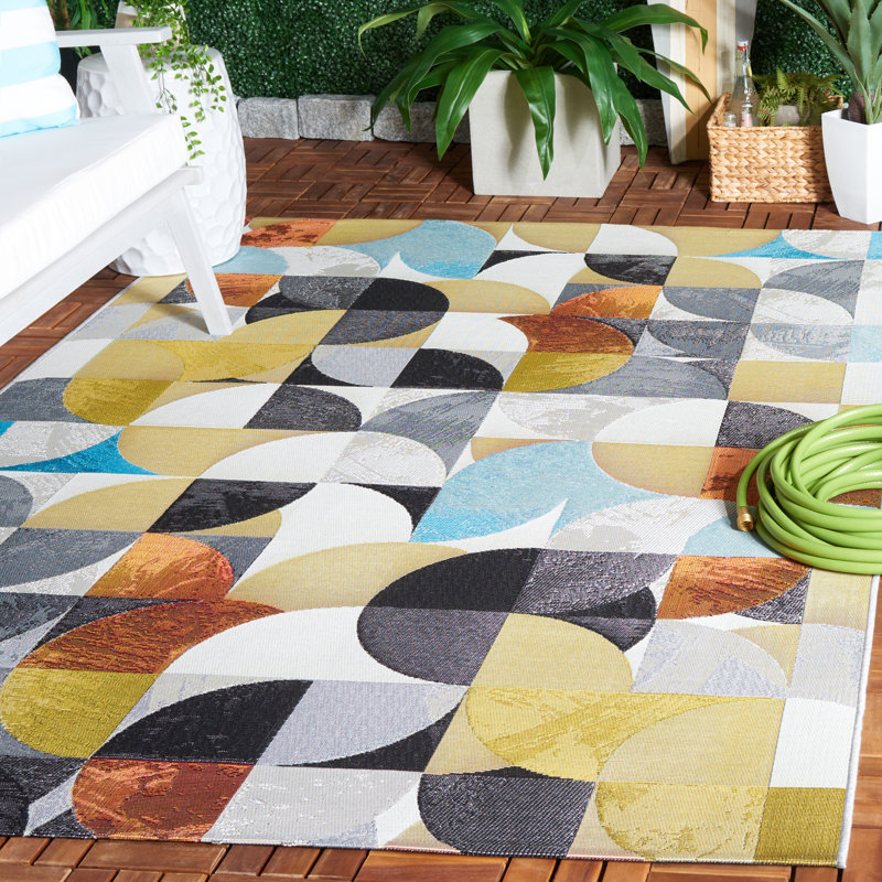 Binti Abstract Machine Woven Polypropylene Indoor / Outdoor Area Indoor/Outdoor Area Rug in Ivory/Black/Blue