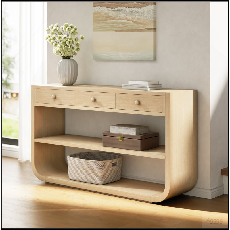 Console moderne courbée avec 3 tiroirs à fermeture en douceur et 2 tablettes ouvertes, base en bois massif, table de vestibule pour vestibule de salon, naturel