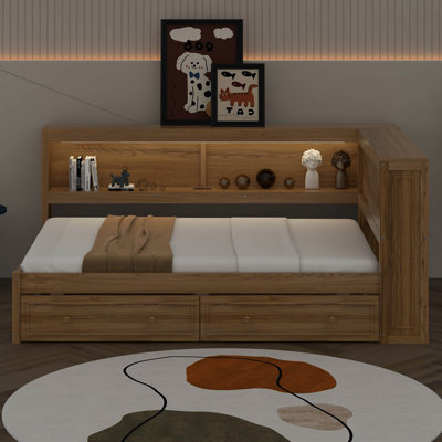 Full Size L-Shape Wood Daybed With LED Light, Storage Shelves, Daybed With USB & Built-In Charging Station & 2 Drawers