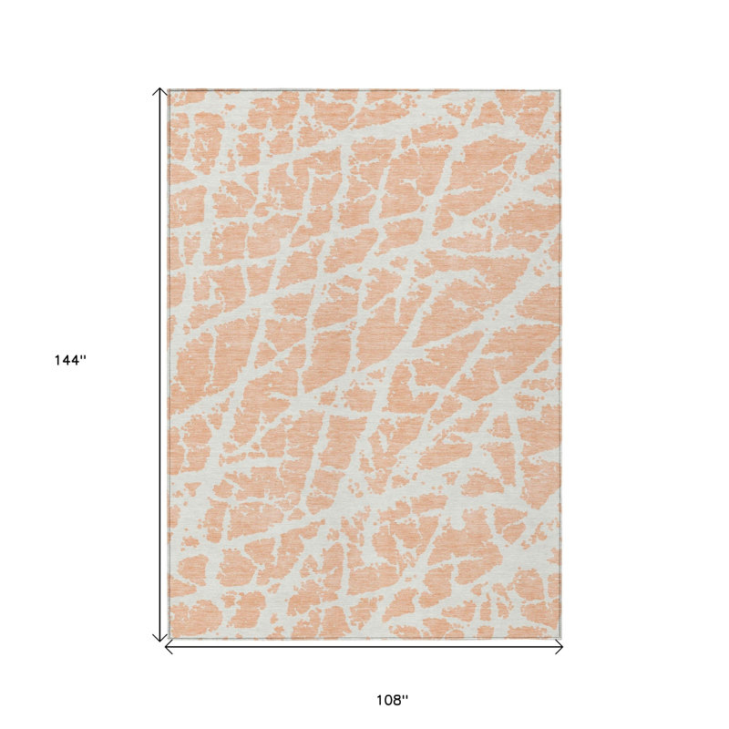8' X 10' Peach and Ivory Abstract Washable Non Skid Indoor Outdoor Area Rug, 108" W x 144" L