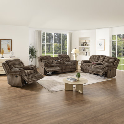Roundhill Furniture Ardello 3-Piece Reclining Sofa Set, Corduroy Upholstery, with Built-In Power Center, and Storage Console, Chocolate by Roundhill Furniture