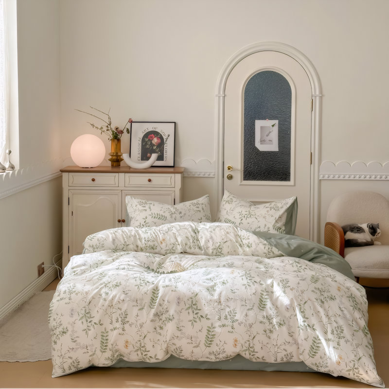 Ensemble de literie à motif floral blanc de qualité supérieure - Housse de couette à imprimé botanique et taies d'oreiller, coton respirant