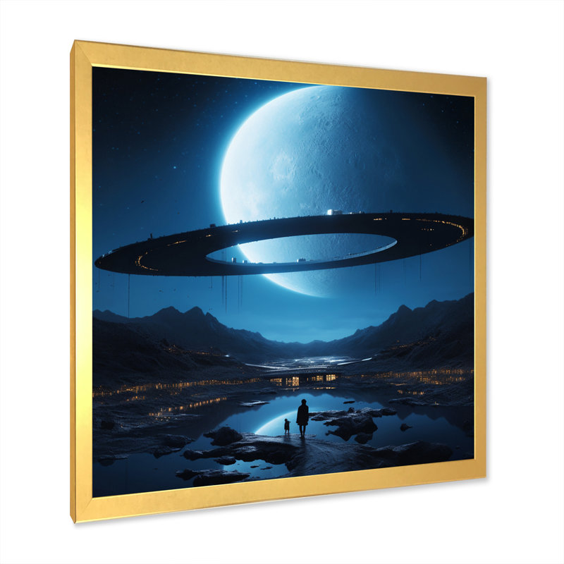 Blue The Moon Is The Blue II - Fantasy Wall Art Living Room, Encadrement doré, H 16 po x l 16 po x P 1 po