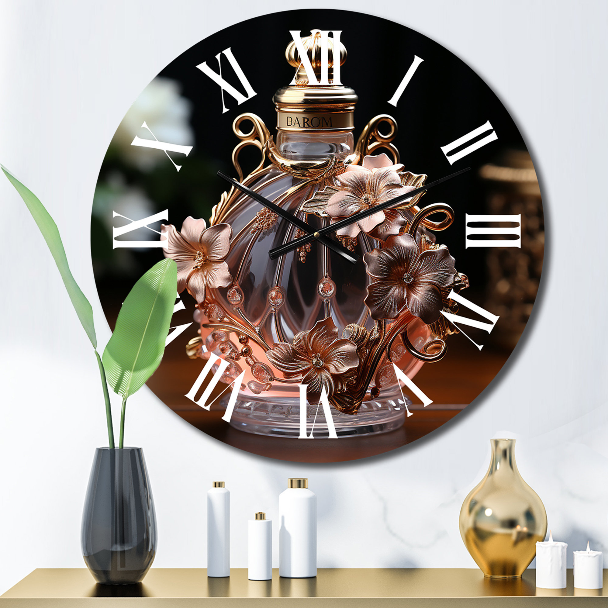 Designart Retro Perfume Bottle Exquisite Design I Metal Wall Clock 