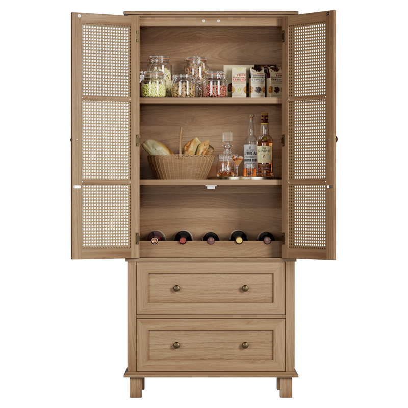 Armoires d'appoint en bois avec armoire et 2 tiroirs, grand casier rectangulaire avec faux rotin et surface en faux bois massif, blanc Mid-Century moderne ou maison de campagne