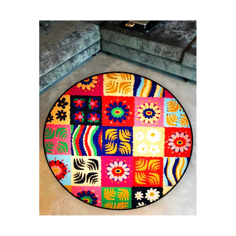 Multicolored Patchwork Patterned Woven Base Decorative Carpet, Round 2'8"