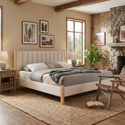 Linen Piano Key Headboard King Bed Frame With Solid Wood Legs, No Box Spring Needed, Beige