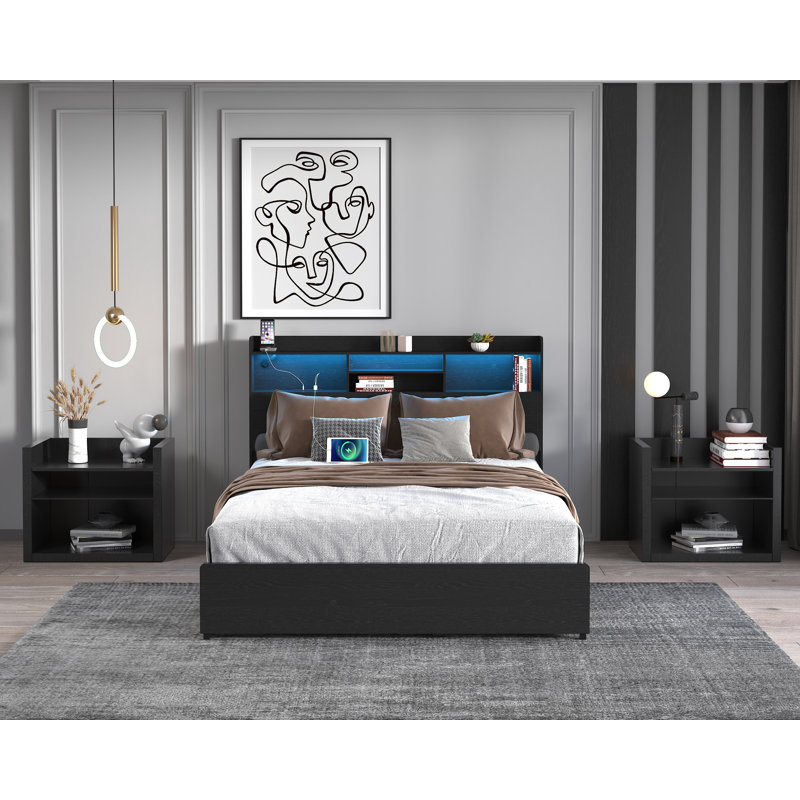 Queen Storage Bed with 4 Drawers, LED & Charging Station, Headboard with Shelf, No Box Spring, Black, Queen