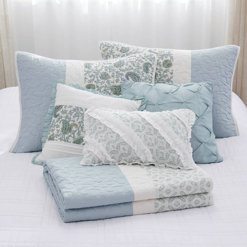 Dawn 6 Piece Cotton Percale Quilt Set with Throw Pillows, Full/QueenCoverlet+2Standard Sham + 3 Throw Pillow, Aqua