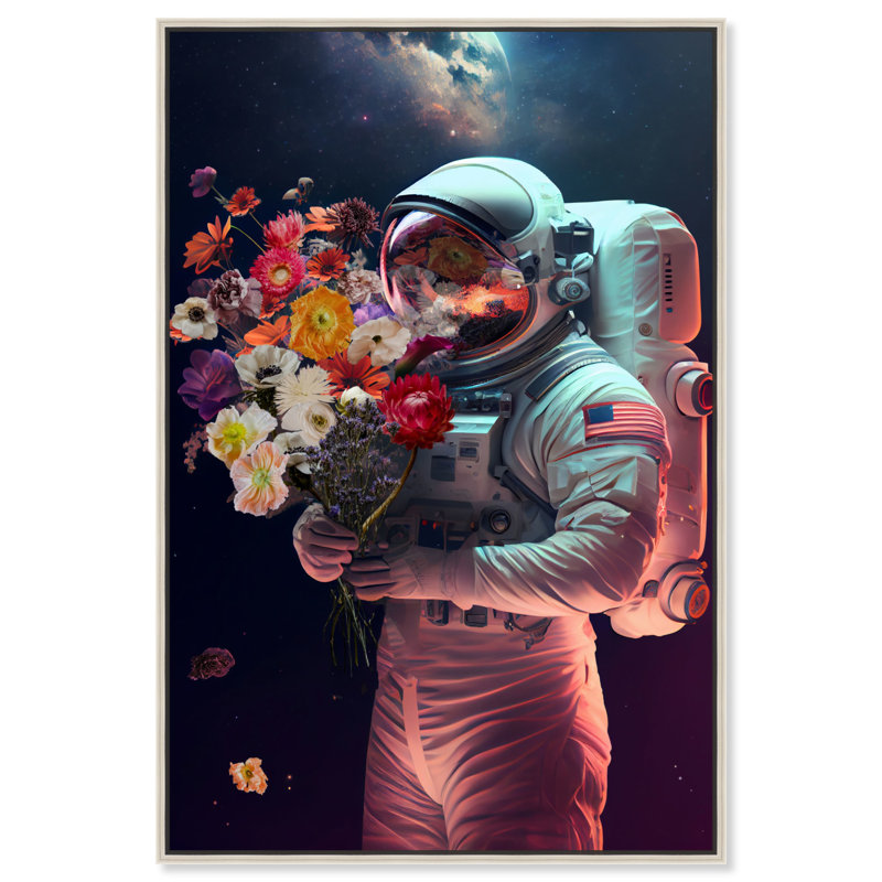 Art astronaute sur toile, art floral moderne par Notoriart, Cadre argenté, H 31 po x l 21 po