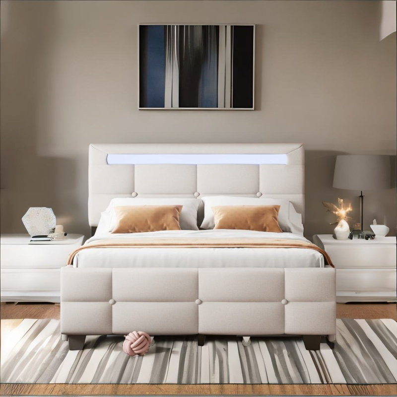 Lit plateforme tapissier avec rangement Duffey, Double, Beige