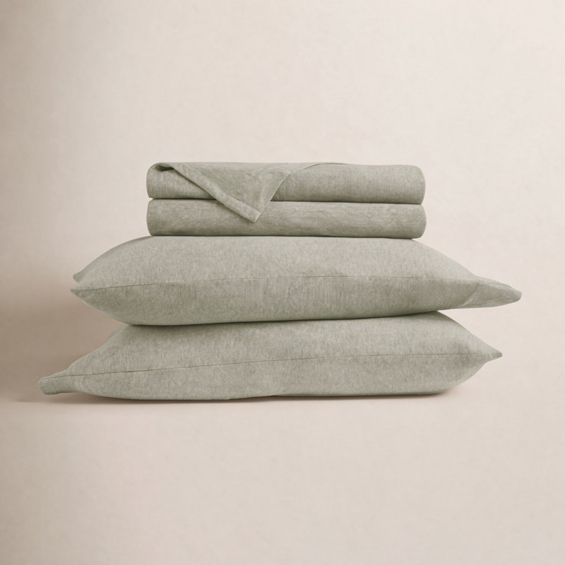 4 Piece 100% Cotton Jersey Knit Sheet Sets, Sage, Queen Sheet Set + 1 Fitted Sheet + 2 Pillowcases