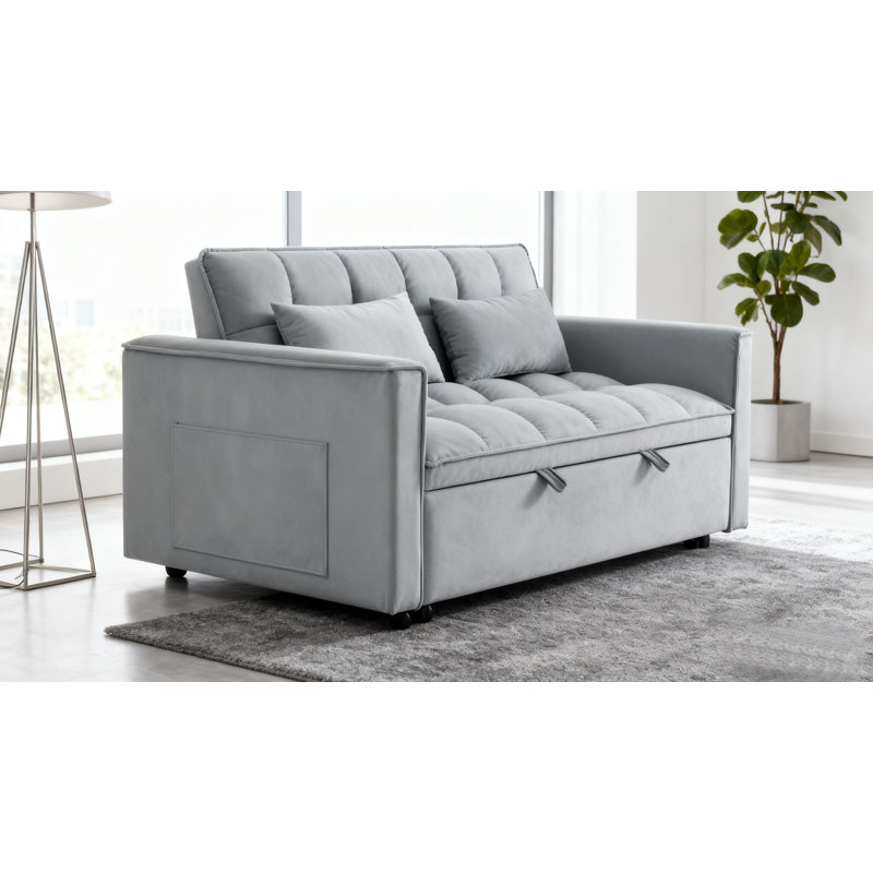 Canapé-lit convertible moderne avec rangement, canapé capitonné avec lit escamotable et poche latérale, Light Grey