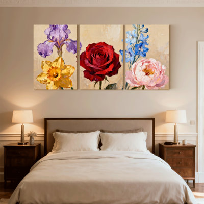 Plants & Flowers Purple Iris Yellow Daffodil Red Rose Pink Peony Blue Delphinium Set of 3 Canvas Wall Art Prints