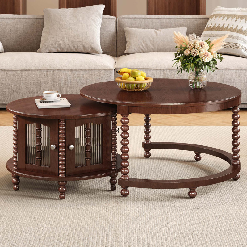 Table basse gigogne vintage rétro, six portes décoratives en verre en forme de bambou, pieds rétro perlés, 31,5 po