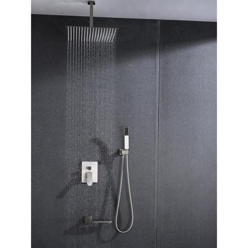 Brushed Nickel Shower System For Ceiling Mount, Stainless Steel With 16" Natural-Like Head And Detachable Handheld - Mounted, Natural Rainfall Experience Easy Nozzle