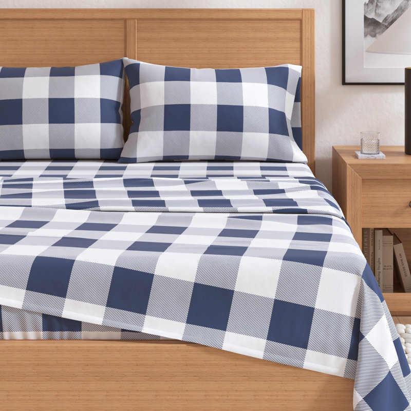 Queen Navy Buffalo Check Cotton Flannel Sheet Set