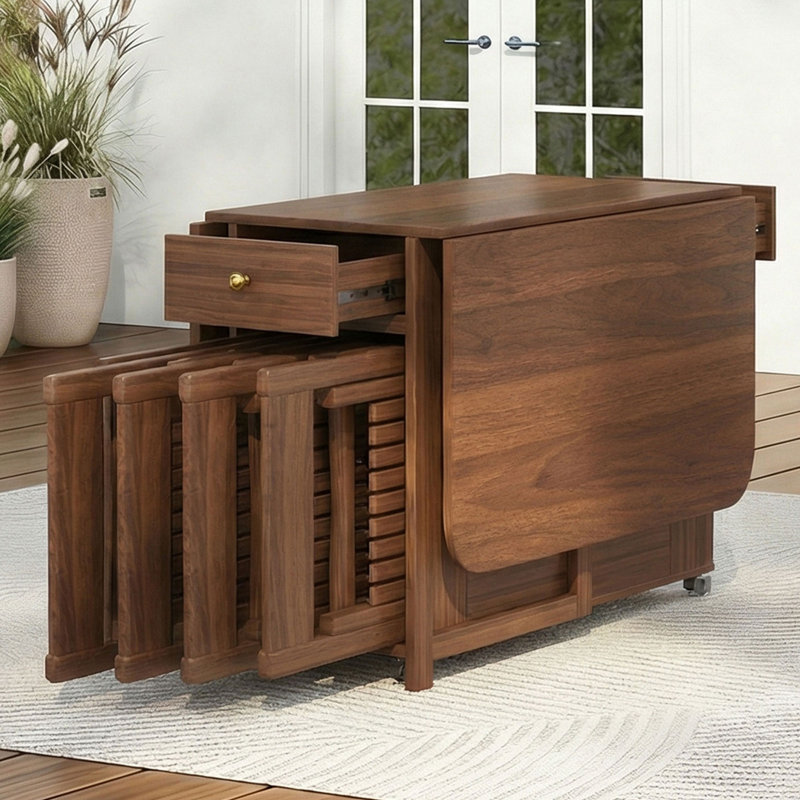 Space Saving Folding Drop Leaf Kitchen Dining Table with 4 Hidden Chairs, Fully Assembled, Walnut, 51"
