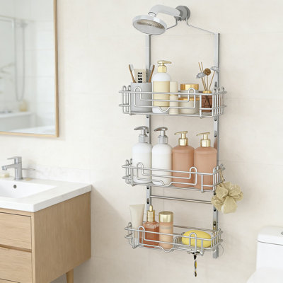 Shower Caddy Hanging Organizer - 3-Tier Adjustable Rustproof Shower Storage Rack With 24 Hooks, Soap Tray & Razor Holder, No-Drill Over Showerhead Installation For Bathroom Organization