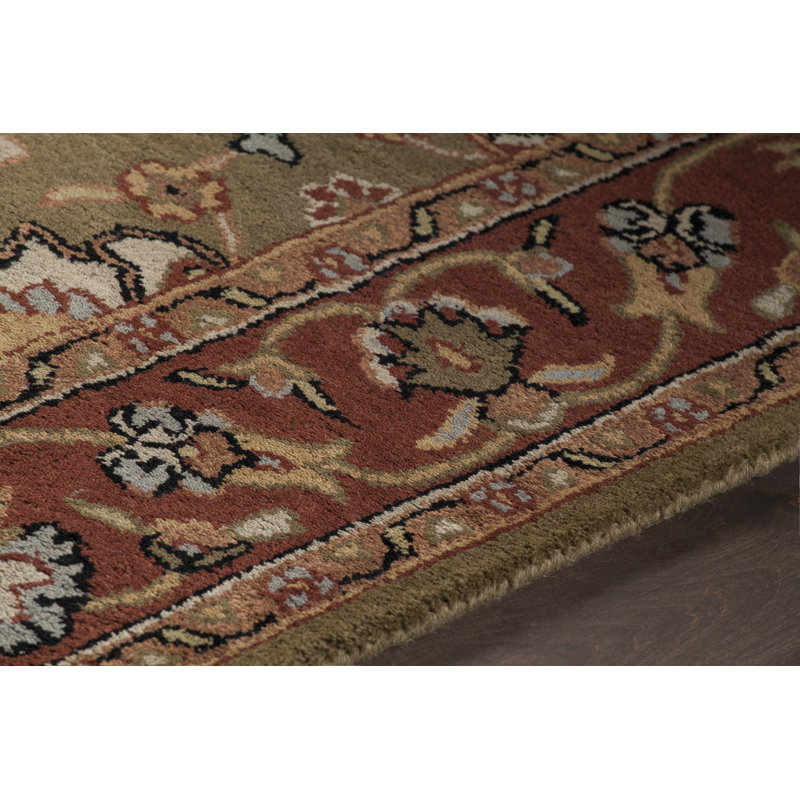 Tapis floral traditionnel en laine touffeté à la main à motif floral vert, crème, rouille et beige Bartz Authentic
