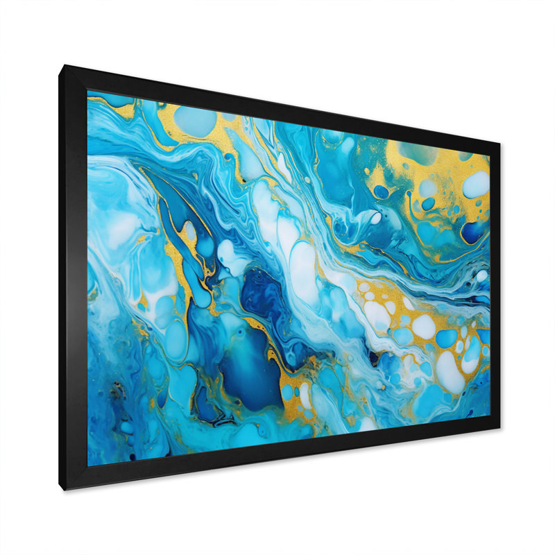 «Turquoise Luxury Abstract Fluid Art X», reproduction d'art sur toile, Cadre simple noir, H 16 po x l 32 po x P 1 po