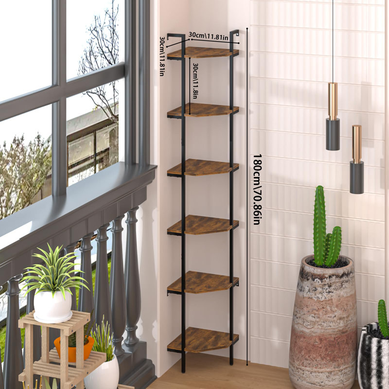 Brown Metal and Wood 6-Tier Corner Ladder Bookcase