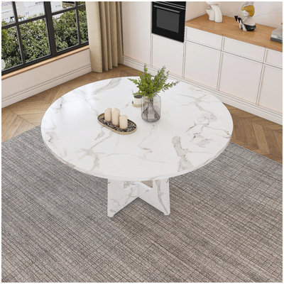 47.24" Round Dining Table for 4 - Farmhouse MDF Table with Marble White Finish, 300lb Capacity, Easy Assembly for Kitchen/Dining Room - Modern Spiced Table
