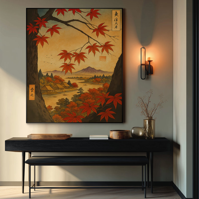Très grande reproduction d'art sur toile - Feuilles d'érable d'automne et décor de village de montagne pour le salon ou la chambre à coucher - «Assemblage requis du cadre (cadre non fini)»