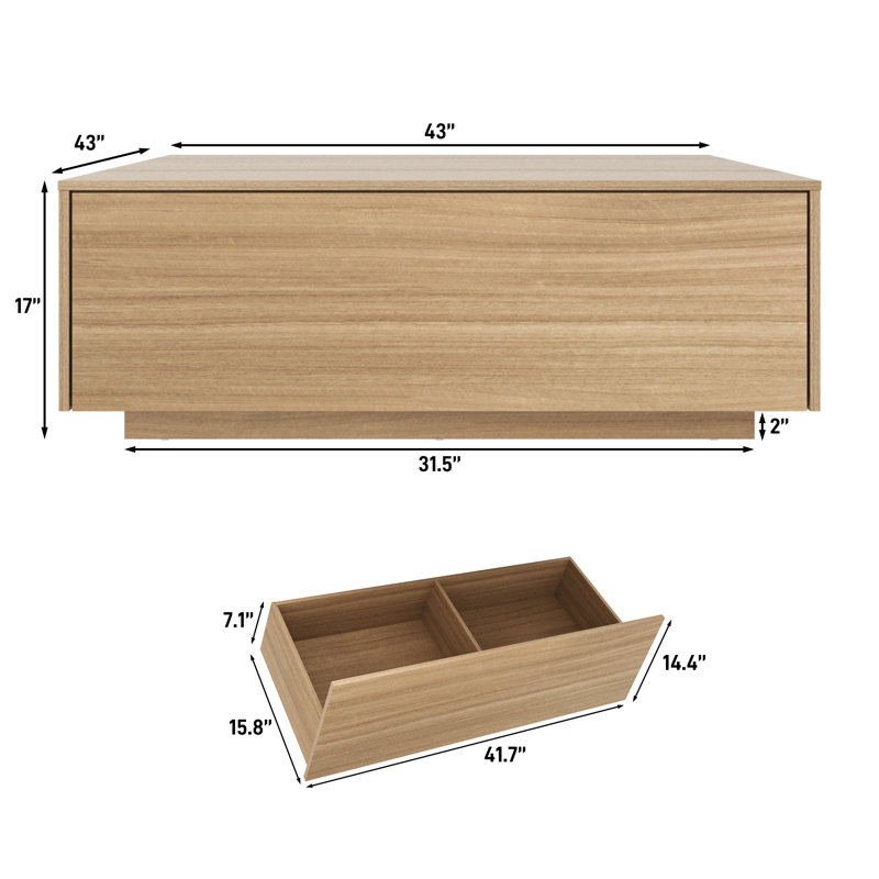 Oak Square Coffee Table with Metal Accents and Storage Drawers