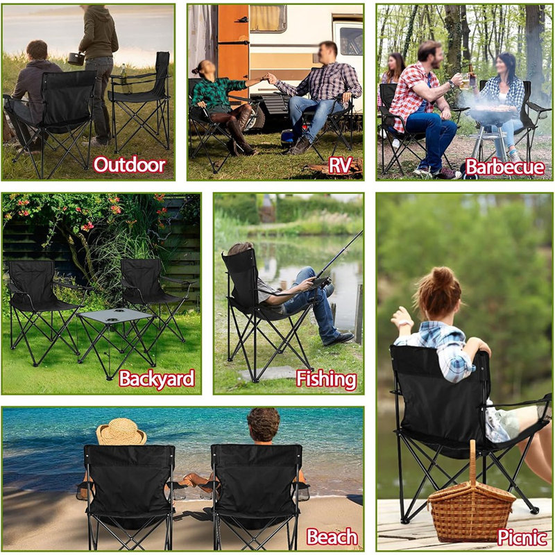 Ensemble de chaises de camping pliables 3 pièces avec table - chaises de jardin pliables portables (noir) avec table d'appoint grise, porte-gobelets et sacs de rangement, ensemble d'extérieur robuste pour la randonnée, la pêche, le pique-nique, le barbecue et les voyages
