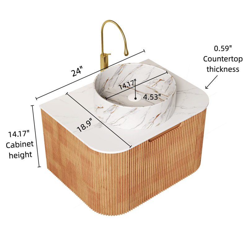 Meuble-lavabo mural avec lavabo, Bois naturel, 24"