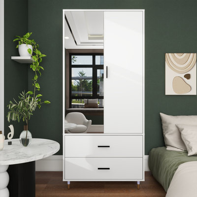 2-Door Wood Armoire with Mirror, Closet Armoire Wardrobe White Finish with Drawers -  Ebern Designs, B62F77A04F4E48DFA91910C0A98EEA57