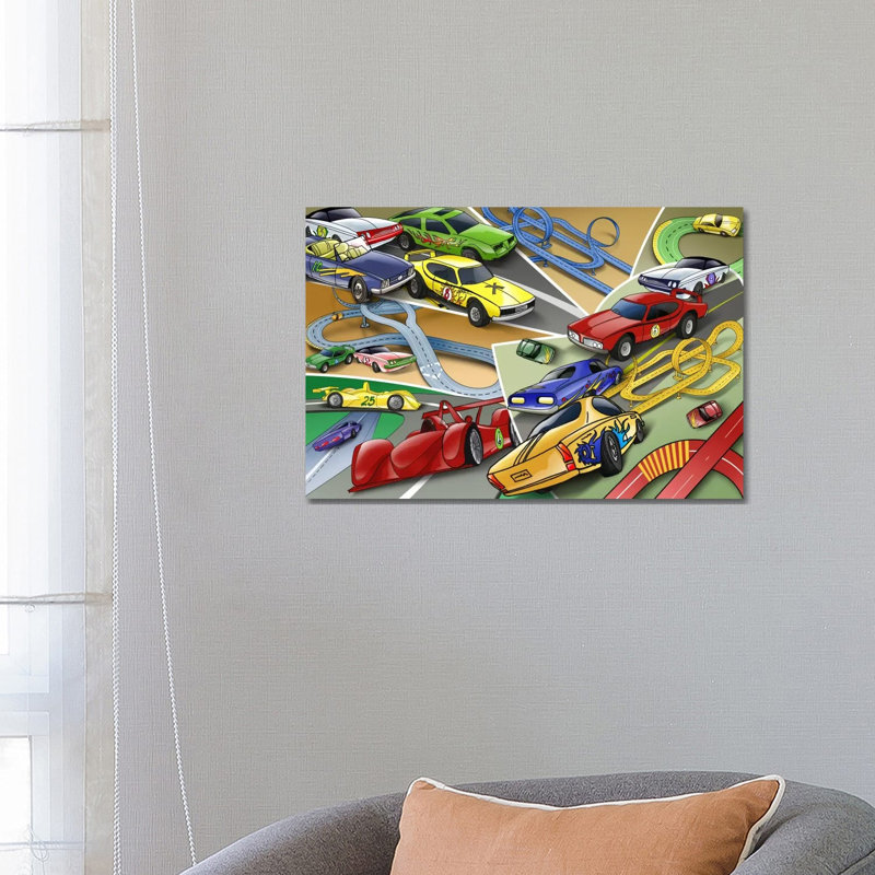 Cartoon Racing Cars - Print on Canvas, 152.5 cm H x 101.5 cm W, Brown Floater Framed