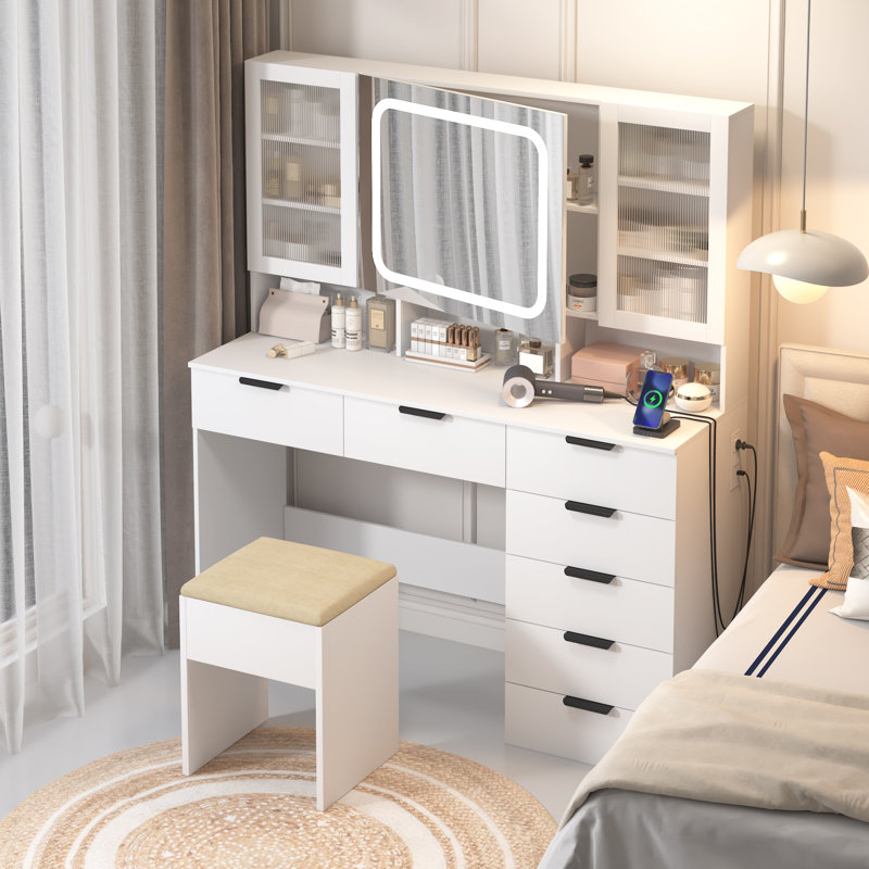 Ensemble de coiffeuse avec USB, Blanc / Blanc