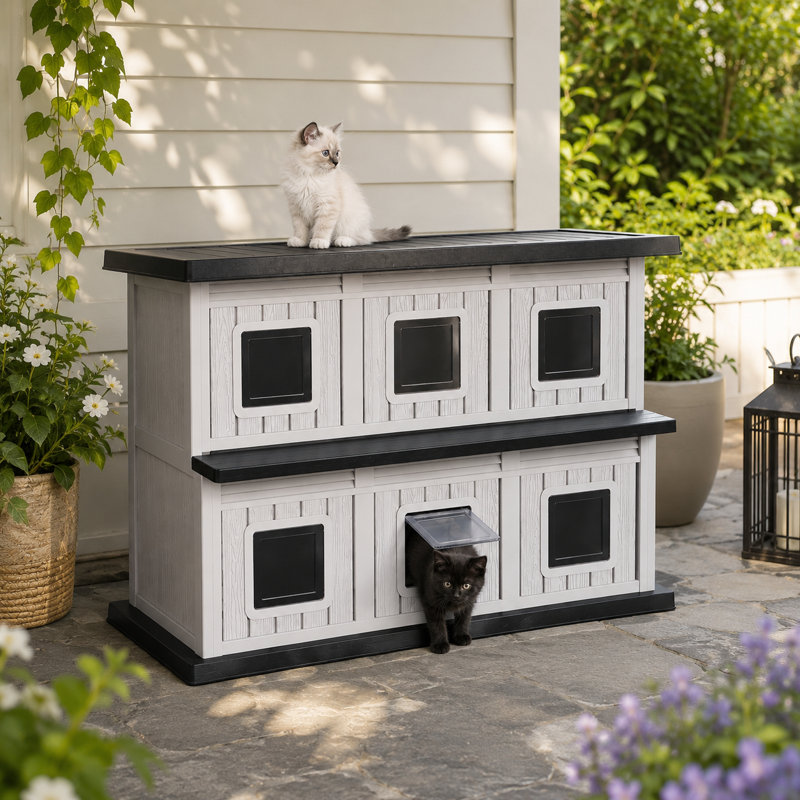 Maison pour chat à deux étages en résine, abri extérieur pour chat avec plateforme, Noir/gris