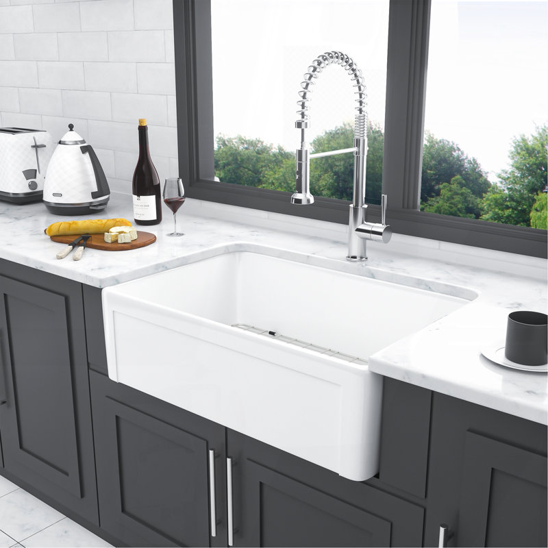 White Farmhouse Sink - 30 Inch Kitchen Sink Apron-Front White Ceramic Reversible Single Bowl Kitchen Farm Sinks