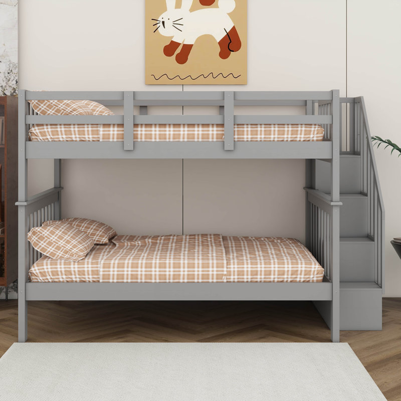 Full Over Full Size Bunk Bed, Convertible To 2 Platform Beds, Solid Wooden Bunk Bed With Storage Staircase, Safety Guardrails