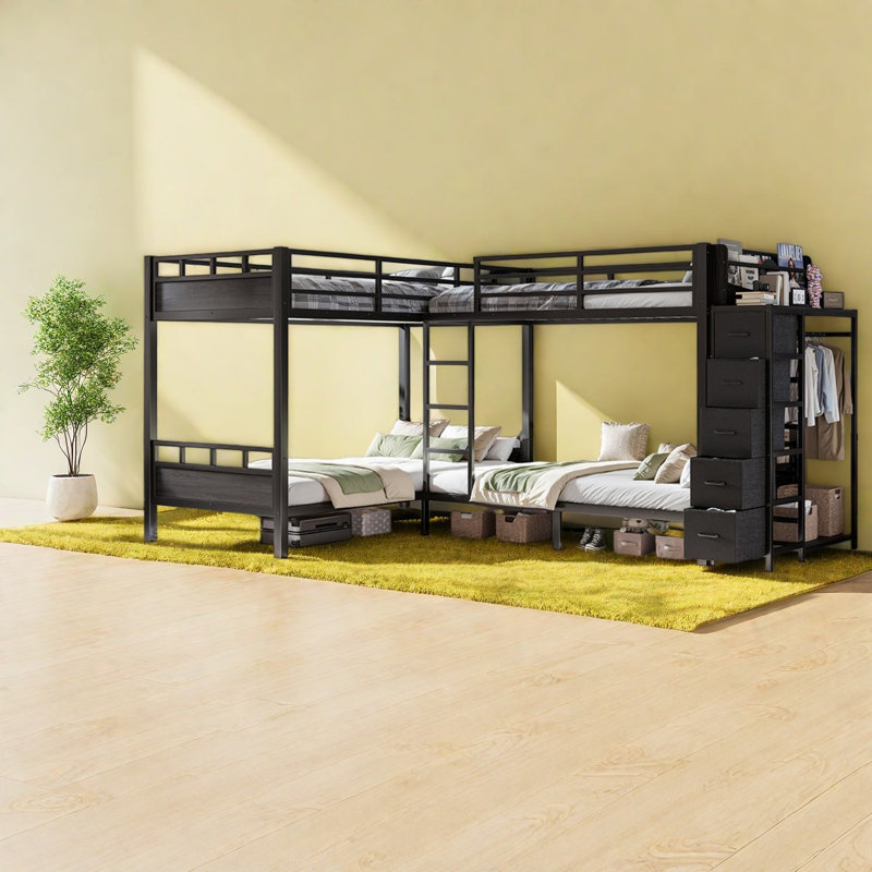 Lits jumeaux quadruples avec rangement, structure en MDF et métal, style moderne et gain d'espace pour la maison
