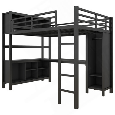 Metal Loft Bed with Wardrobe And L-shaped Desk, Loft Bed with Storage Cubes and Shelves, Heavy Duty Loft Bed for Kids Teens Adults