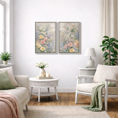 Soft Vintage Wildflower Garden Bouquet Artwork, Romantic Cottage Floral Botanical Pictures, Framed Canvas Giclee Print 2 Pieces Wall Art