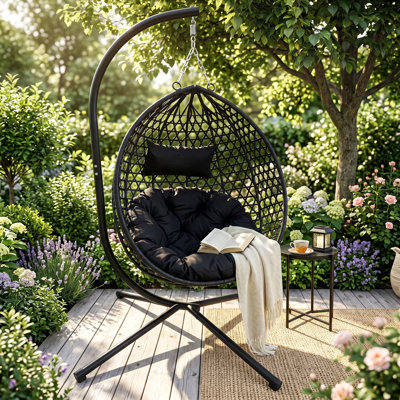 Fauteuil à œufs suspendu pliable avec support, balancelle en osier de rotin avec coussin en PEHD, structure robuste capacité de 350 lb, balcon intérieur pour terrasse intérieure